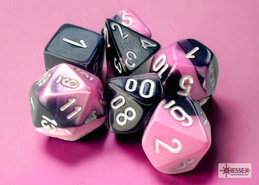 Dice Chessex Dice - Mini Gemini Black-Pink with White - Set of 7 - CHX 20630 - Cardboard Memories Inc.