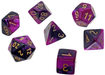 Dice Chessex Dice - Mini Gemini Black-Purple with Gold - Set of 7 - CHX 20640 - Cardboard Memories Inc.