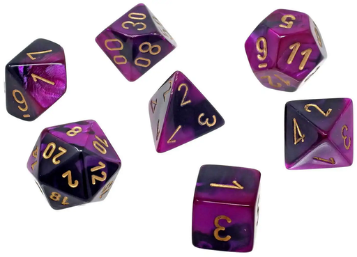 Dice Chessex Dice - Mini Gemini Black-Purple with Gold - Set of 7 - CHX 20640 - Cardboard Memories Inc.