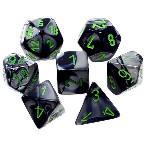 Dice Chessex Dice - Mini Gemini Black-Grey with Green - Set of 7 - CHX 20645 - Cardboard Memories Inc.