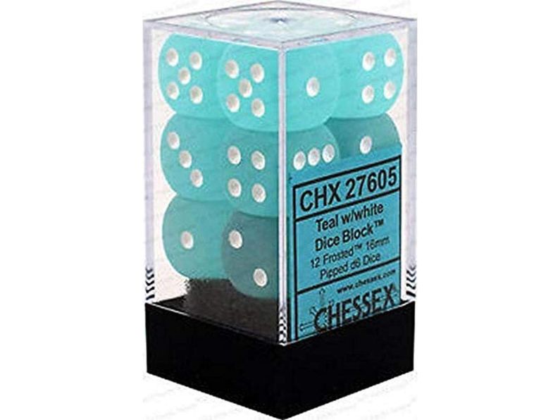 Dice Chessex Dice - Frosted Teal with White - Set of 12 D6 - CHX 27605 - Cardboard Memories Inc.