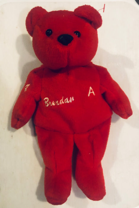 Plush Salvino's Bammers - 1999 - Detroit Red Wings - Red Teddy Bear - Brendan Shanahan - Missing Tag - Cardboard Memories Inc.