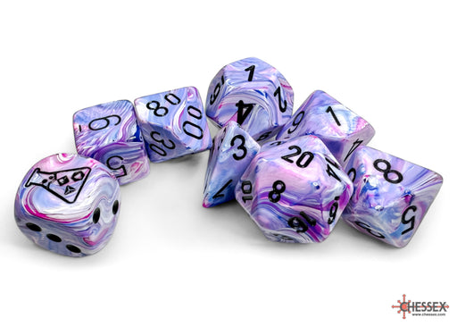 Dice Chessex Dice - Lab Dice - 7-Die Set - Festive - Polyhedral Hydrangea with Black - Cardboard Memories Inc.