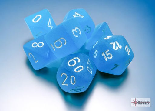 Dice Chessex Dice - Mini Frosted Carribean Blue with White - Set of 7 - CHX 20416 - Cardboard Memories Inc.
