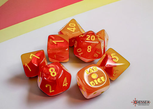 Dice Chessex Dice - Lab Dice - 7-Die Set - Gemini - Polyhedral Gellow - Red Yellow Luminary - Cardboard Memories Inc.