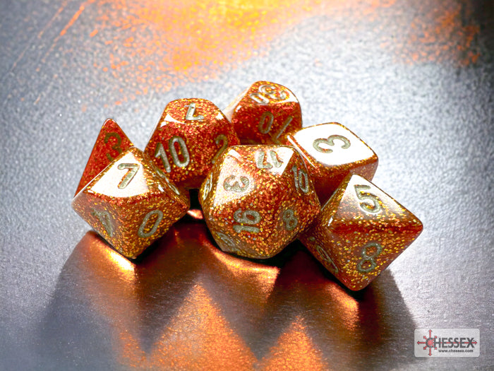 Dice Chessex Dice - Mini Glitter Gold with Silver - Set of 7 - CHX 20503 - Cardboard Memories Inc.