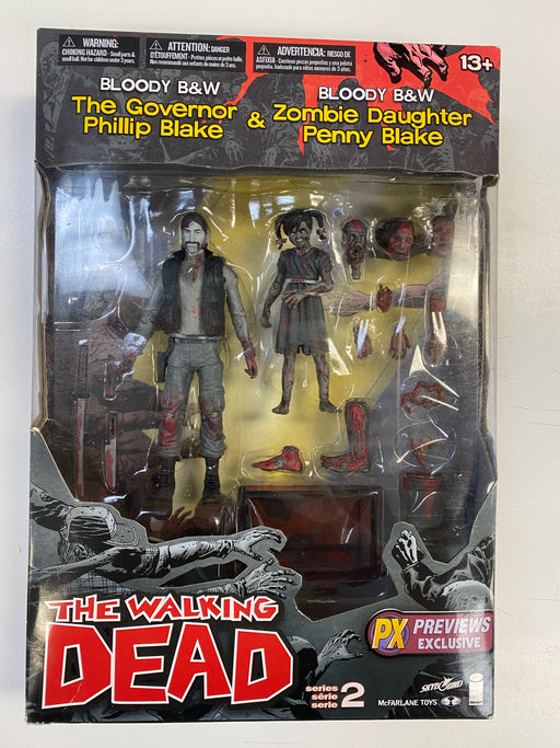 Action Figures and Toys McFarlane Toys - Walking Dead - Bloody Black & White Governor and Daughter Penny Blake - Series 2 Figure Set - PX Previews Exclusive - Cardboard Memories Inc.