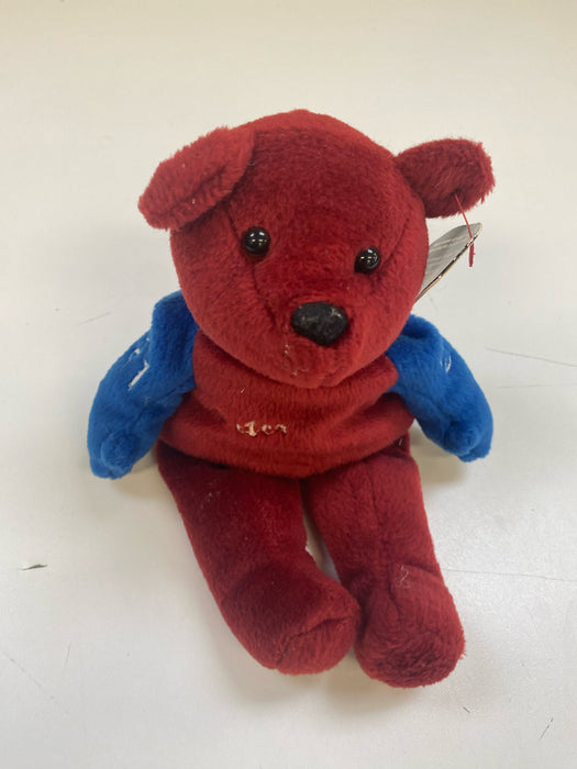 Plush Salvino's Bammers - 1999 - Red & Blue Teddy Bear - Peter Forsberg - Cardboard Memories Inc.