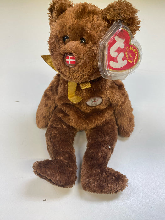 Plush TY Beanie Baby - Champion the FIFA Bear - Denmark - Cardboard Memories Inc.