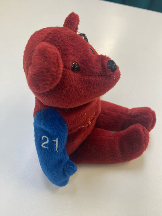 Plush Salvino's Bammers - 1999 - Red & Blue Teddy Bear - Peter Forsberg - Cardboard Memories Inc.