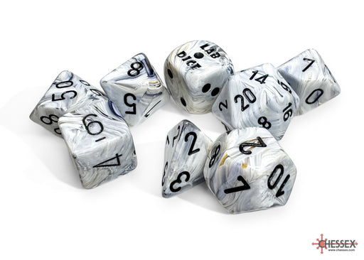 Dice Chessex Dice - Lab Dice - 7-Die Set - Marble - Polyhedral Calcite with Black - Cardboard Memories Inc.