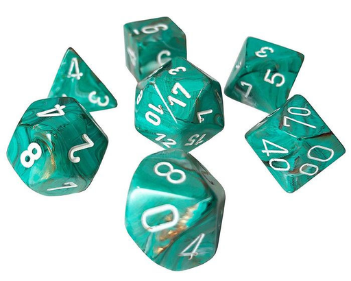Dice Chessex Dice - Mini Marble Oxi-Copper with White - Set of 7 - CHX 20403 - Cardboard Memories Inc.