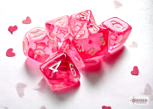 Dice Chessex Dice - Mini Translucent Pink with White - Set of 7 - CHX 20384 - Cardboard Memories Inc.