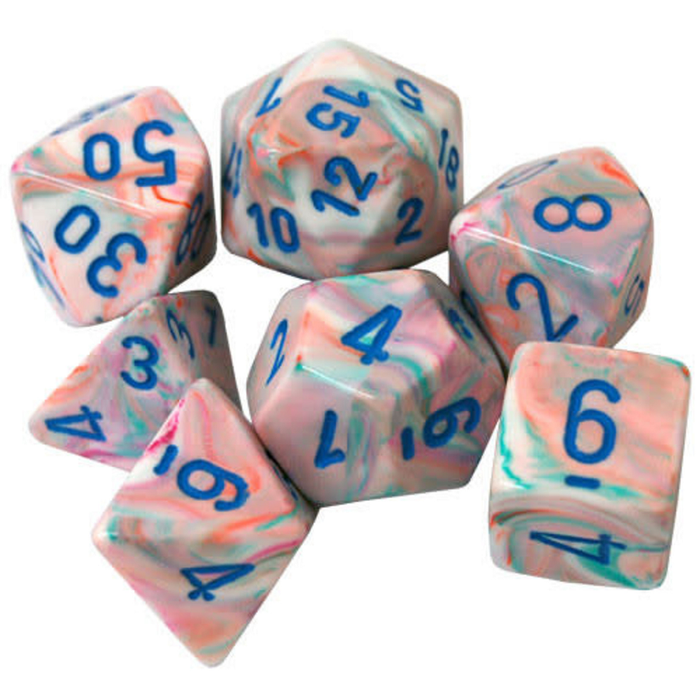 Dice Chessex Dice - Mini Festive Pop Art with Blue - Set of 7 - CHX 20544 - Cardboard Memories Inc.