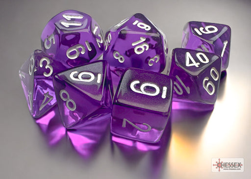 Dice Chessex Dice - Mini Translucent Purple with White - Set of 7 - CHX 20377 - Cardboard Memories Inc.