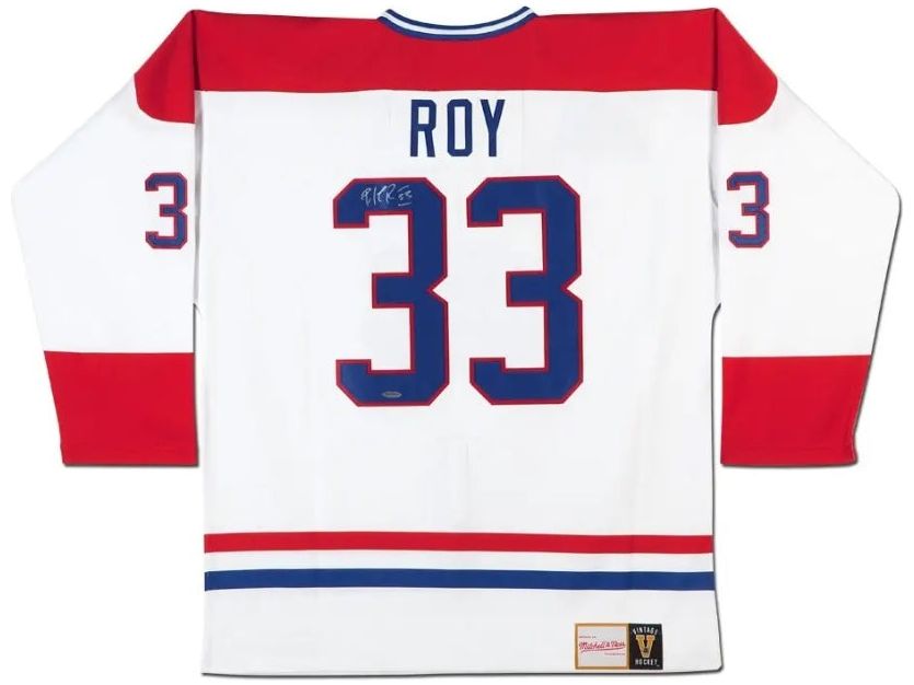  Upper Deck - Authenticated - Patrick Roy Autographed White Mitchel and Ness Montreal Canadiens Jersey - ORDER VIA EMAIL ONLY - Cardboard Memories Inc.