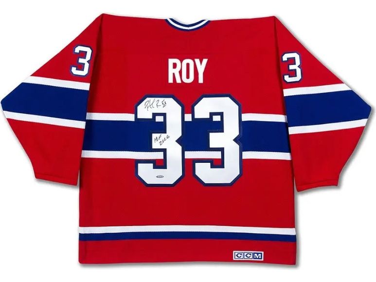  Upper Deck - Authenticated - Patrick Roy Autographed Inscribed Heroes of Hockey Red Montreal Canadiens Jersey - ORDER VIA EMAIL ONLY - Cardboard Memories Inc.