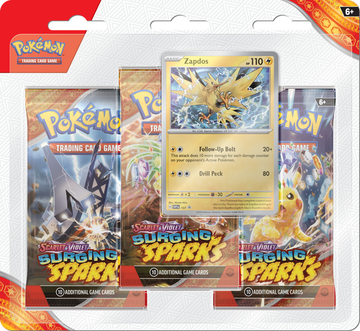 Trading Card Games Pokemon - Scarlet and Violet - Surging Sparks - 3-Pack Blister - Zapdos - Pre-Order November 8th 2024 - Cardboard Memories Inc.