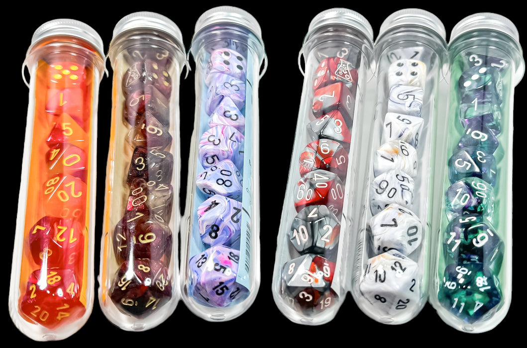 Dice Chessex Dice - Lab Dice - 7-Die Set - Gemini - Polyhedral Gellow - Red Yellow Luminary - Cardboard Memories Inc.