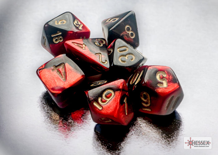 Dice Chessex Dice - Mini Gemini Black-Red with Gold - Set of 7 - CHX 20633 - Cardboard Memories Inc.