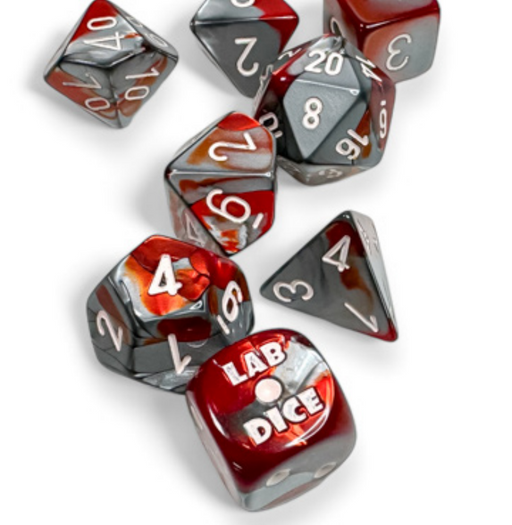 Dice Chessex Dice - Lab Dice - 7-Die Set - Gemini - Polyhedral Red Steel with White - Cardboard Memories Inc.