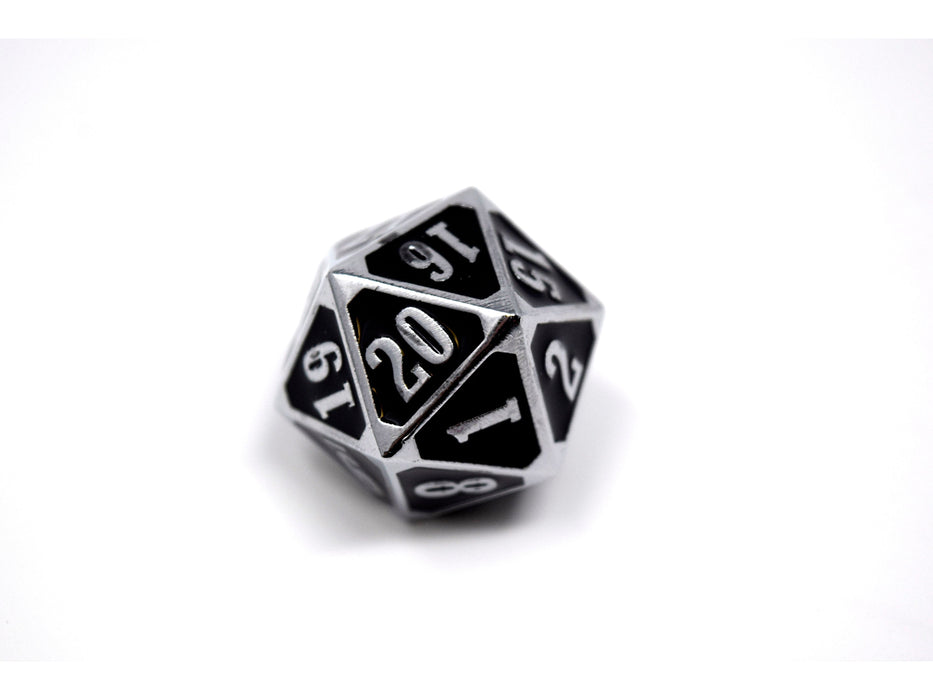 Dice Die Hard Dice - Metal MTG Roll Down Counter Shiny Silver with Black - D20 - Cardboard Memories Inc.