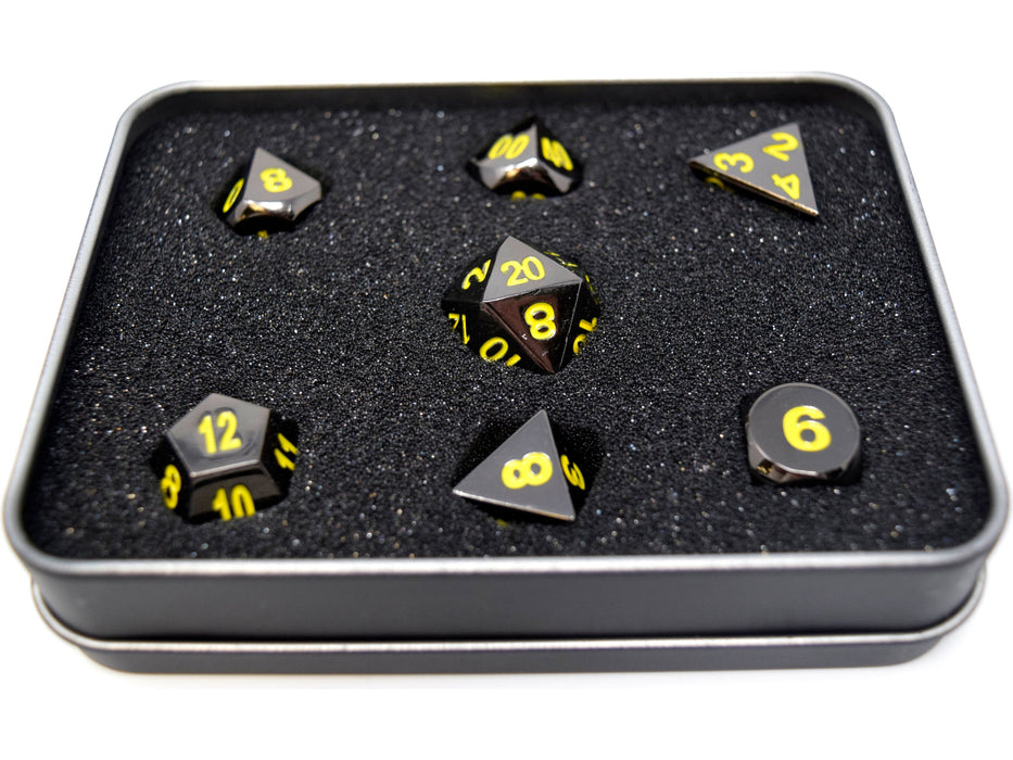 Dice Die Hard Dice - RPG Metal Sinister Chrome with Yellow - Set of 7 - Cardboard Memories Inc.