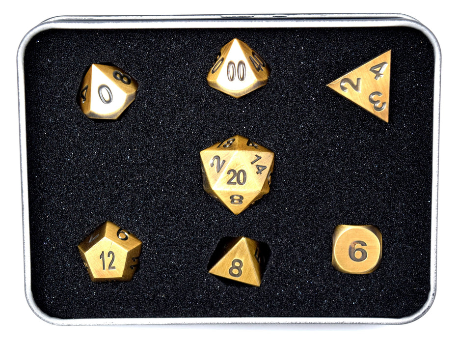 Dice Die Hard Dice - RPG Metal Battleworn Gold with Black - Set of 7 - Cardboard Memories Inc.