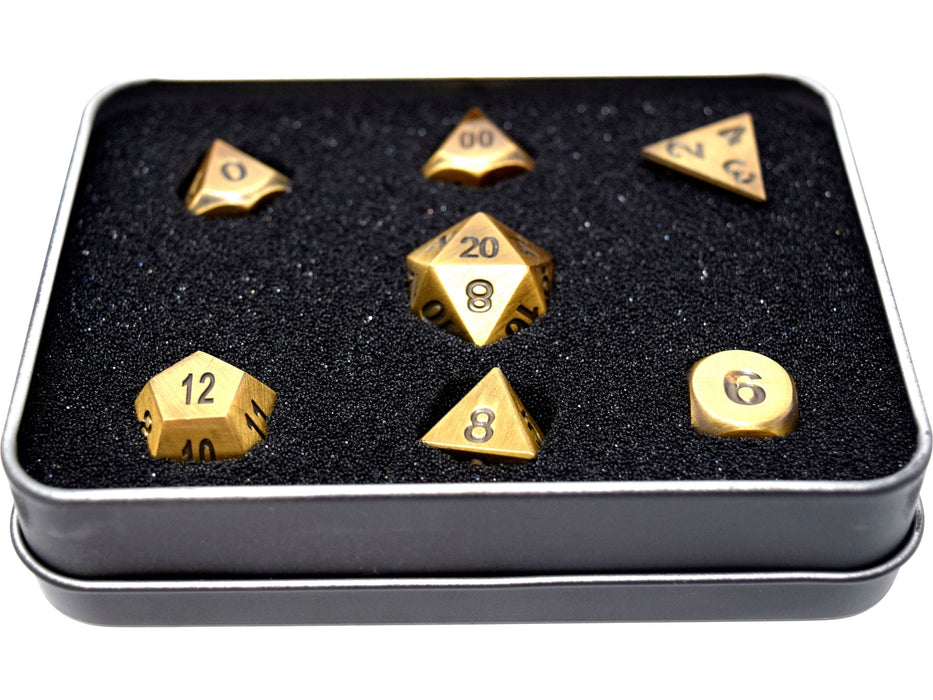 Dice Die Hard Dice - RPG Metal Battleworn Gold with Black - Set of 7 - Cardboard Memories Inc.