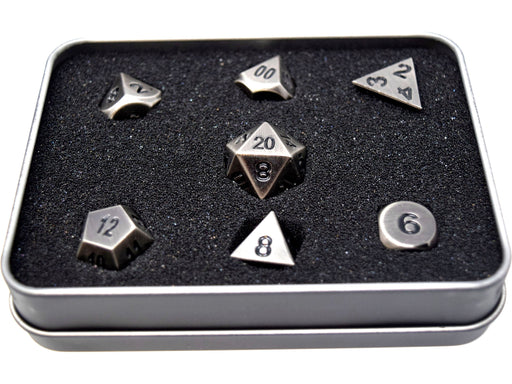 Dice Die Hard Dice - RPG Metal Battleworn Silver with Black 94071- Set of 7 - Cardboard Memories Inc.