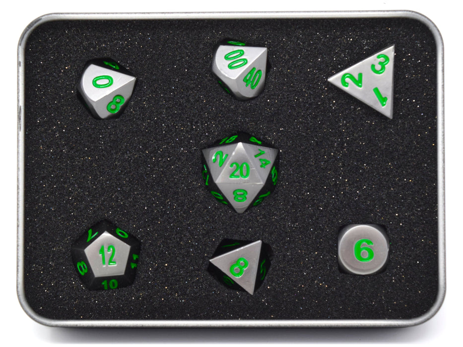 Dice Die Hard Dice - RPG Metal Gunmetal with Green - Set of 7 - Cardboard Memories Inc.