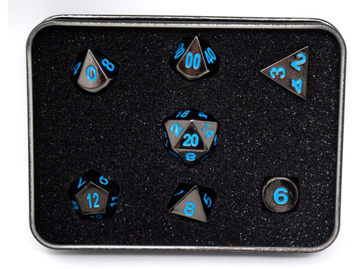 Dice Die Hard Dice - RPG Metal Sinister Chrome with Blue - Set of 7 - Cardboard Memories Inc.