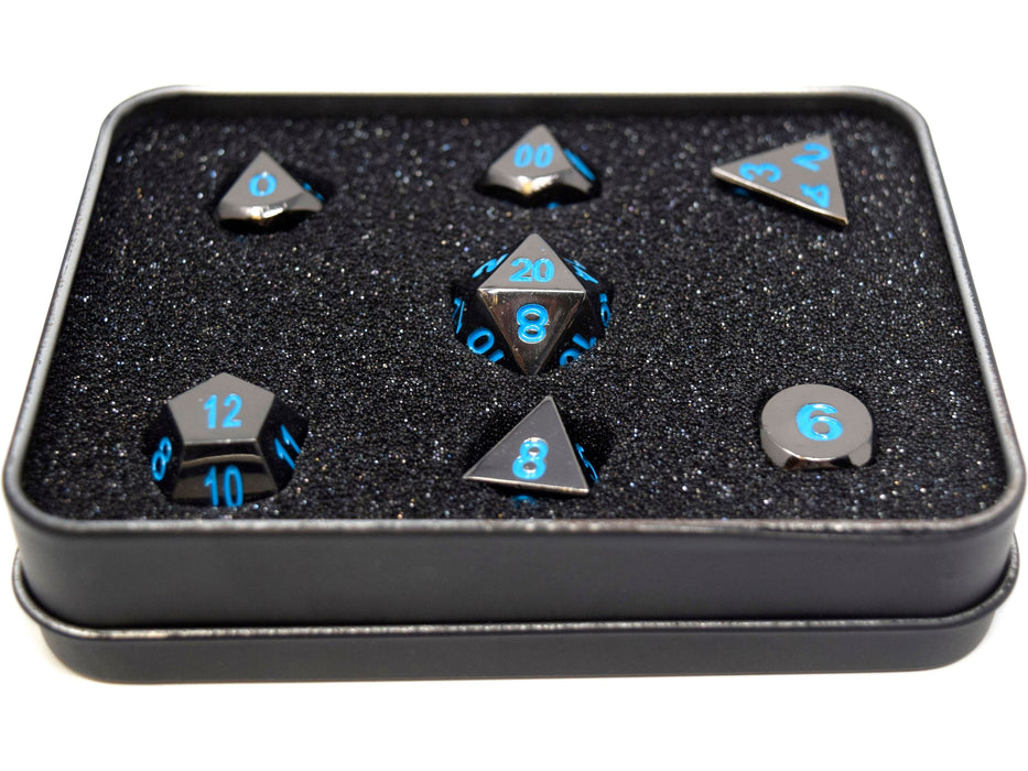 Dice Die Hard Dice - RPG Metal Sinister Chrome with Blue - Set of 7 - Cardboard Memories Inc.