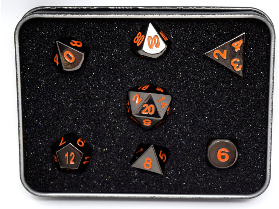 Dice Die Hard Dice - RPG Metal Sinister Chrome with Orange - Set of 7 - Cardboard Memories Inc.