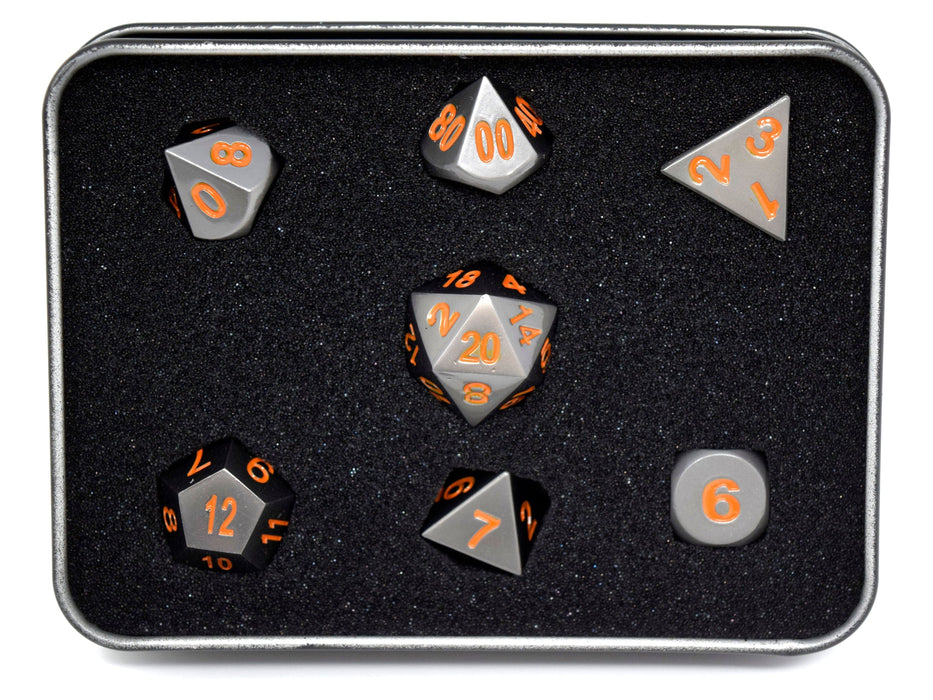 Dice Die Hard Dice - RPG Metal Gunmetal with Orange 94116 - Set of 7 - Cardboard Memories Inc.