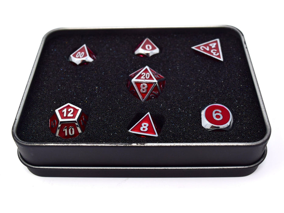 Dice Die Hard Dice - Metal Gemstone Shiny Silver Ruby - Set of 7 - Cardboard Memories Inc.