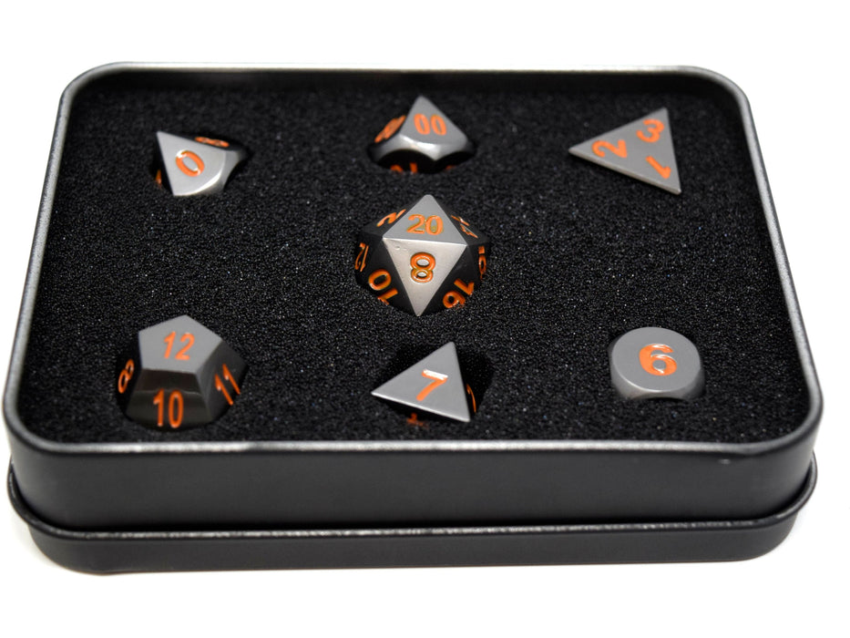 Dice Die Hard Dice - RPG Metal Gunmetal with Orange 94116 - Set of 7 - Cardboard Memories Inc.