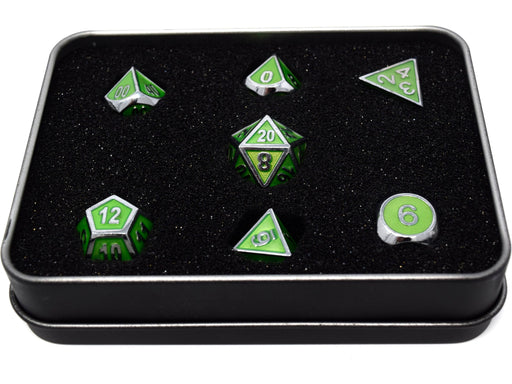 Dice Die Hard Dice - Metal Gemstone Silver Peridot - Set of 7 - Cardboard Memories Inc.