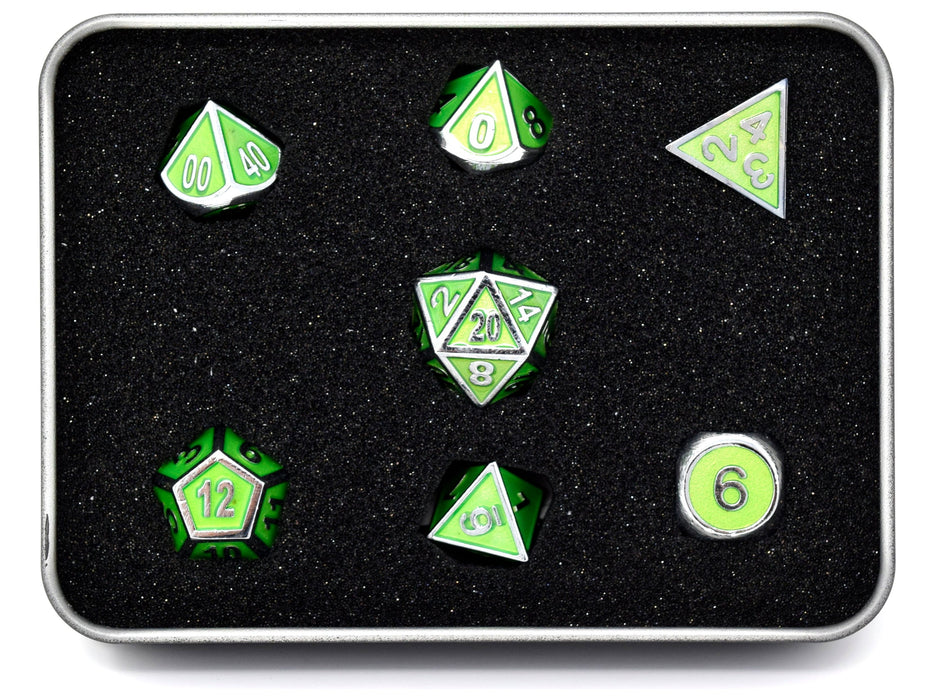 Dice Die Hard Dice - Metal Gemstone Silver Peridot - Set of 7 - Cardboard Memories Inc.