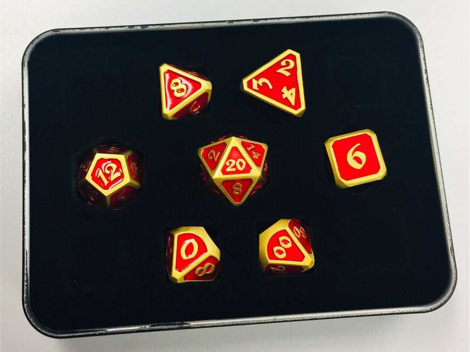 Dice Die Hard Dice - Metal Mythica Satin Gold Ruby - Set of 7 - Cardboard Memories Inc.