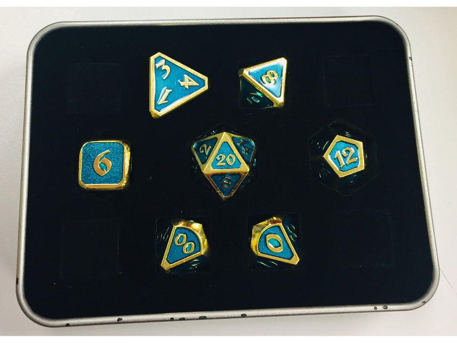 Dice Die Hard Dice - Metal Mythica Gold Aquamarine - Set of 7 - Cardboard Memories Inc.