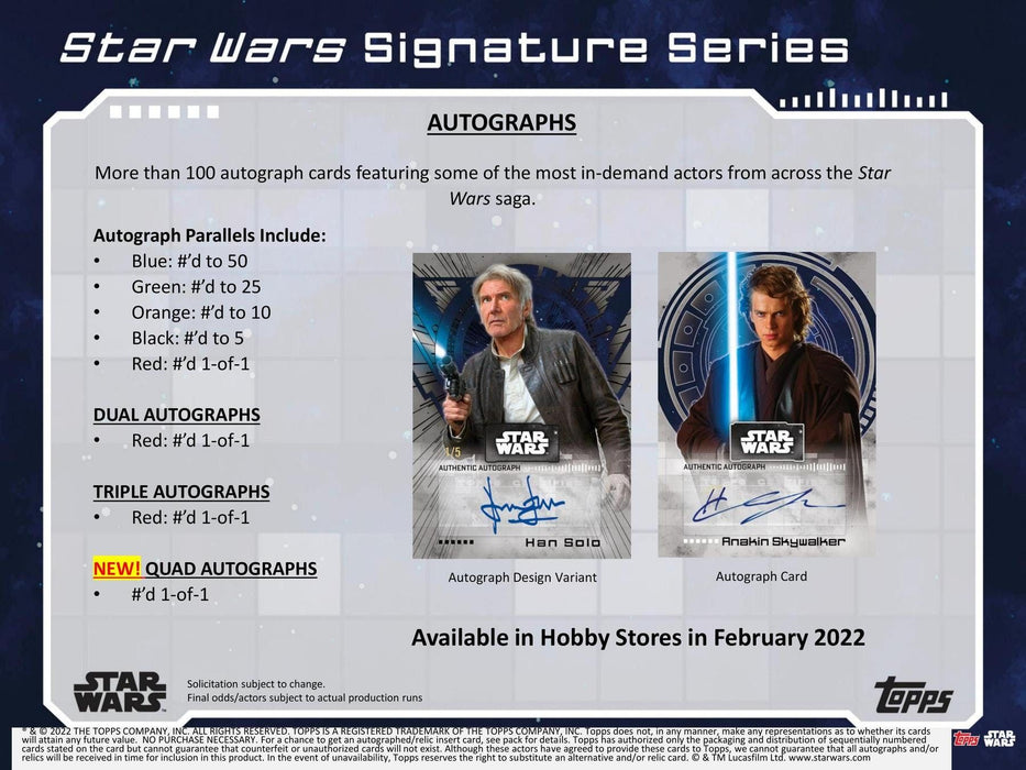 Non Sports Cards Topps - 2022 - Star Wars - Signature Series - Trading Card Hobby Box - Cardboard Memories Inc.